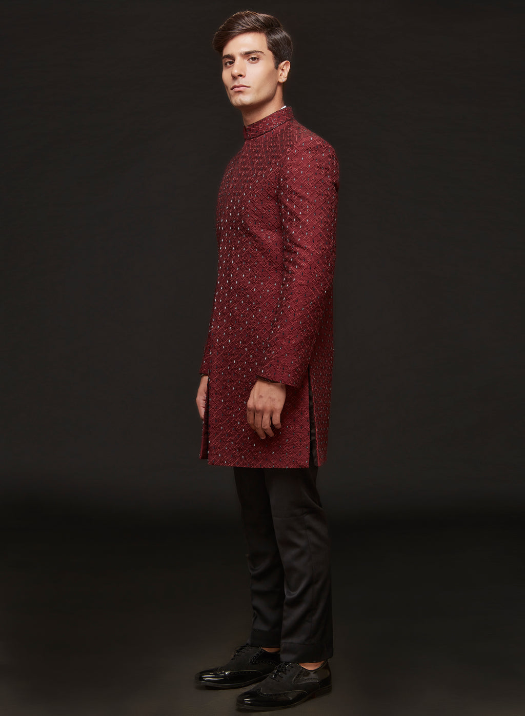 Wine Red Embroidered Concelled Indowestern Set