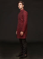 Wine Red Embroidered Concelled Indowestern Set