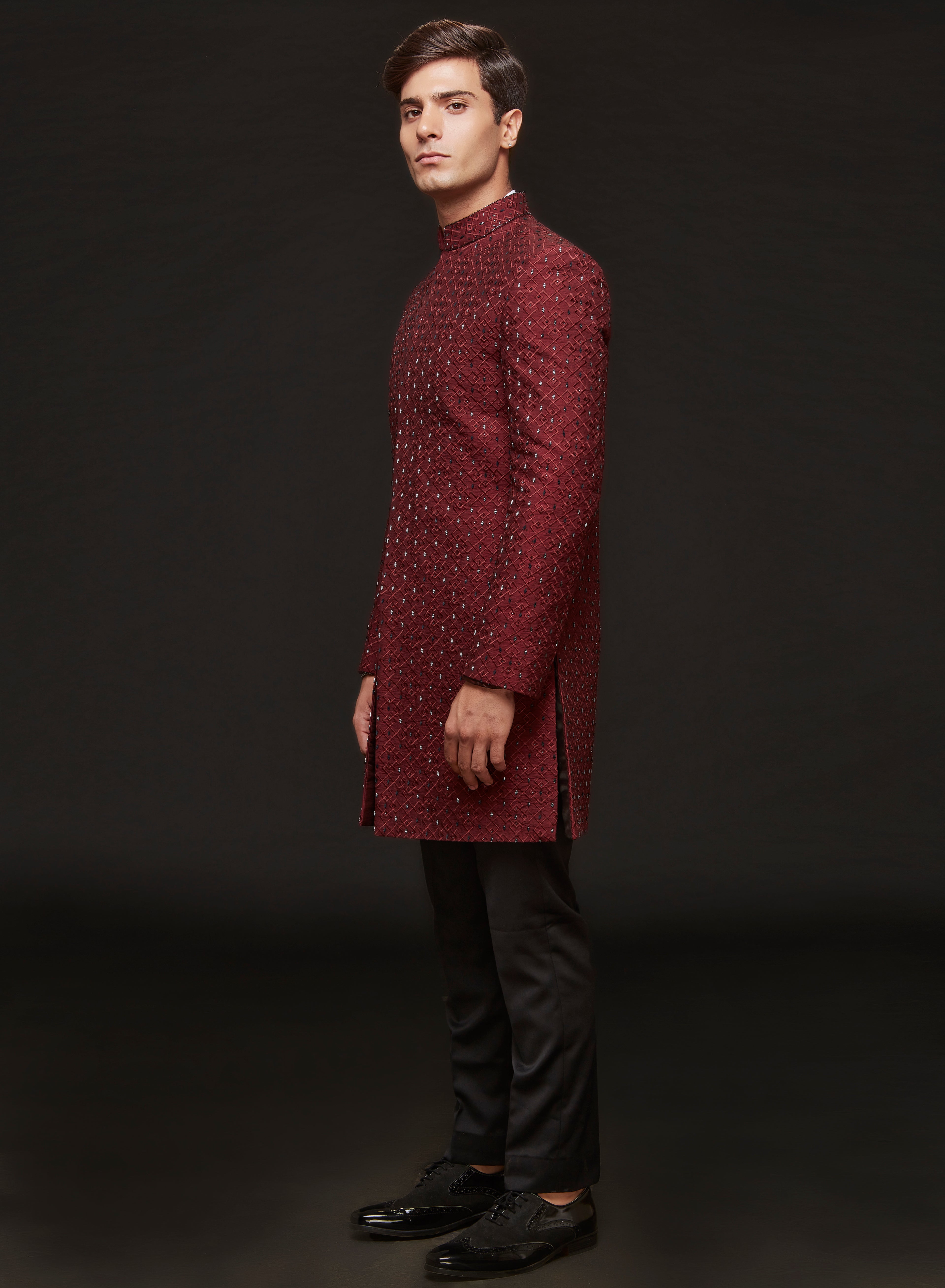 Wine Red Embroidered Concelled Indowestern Set