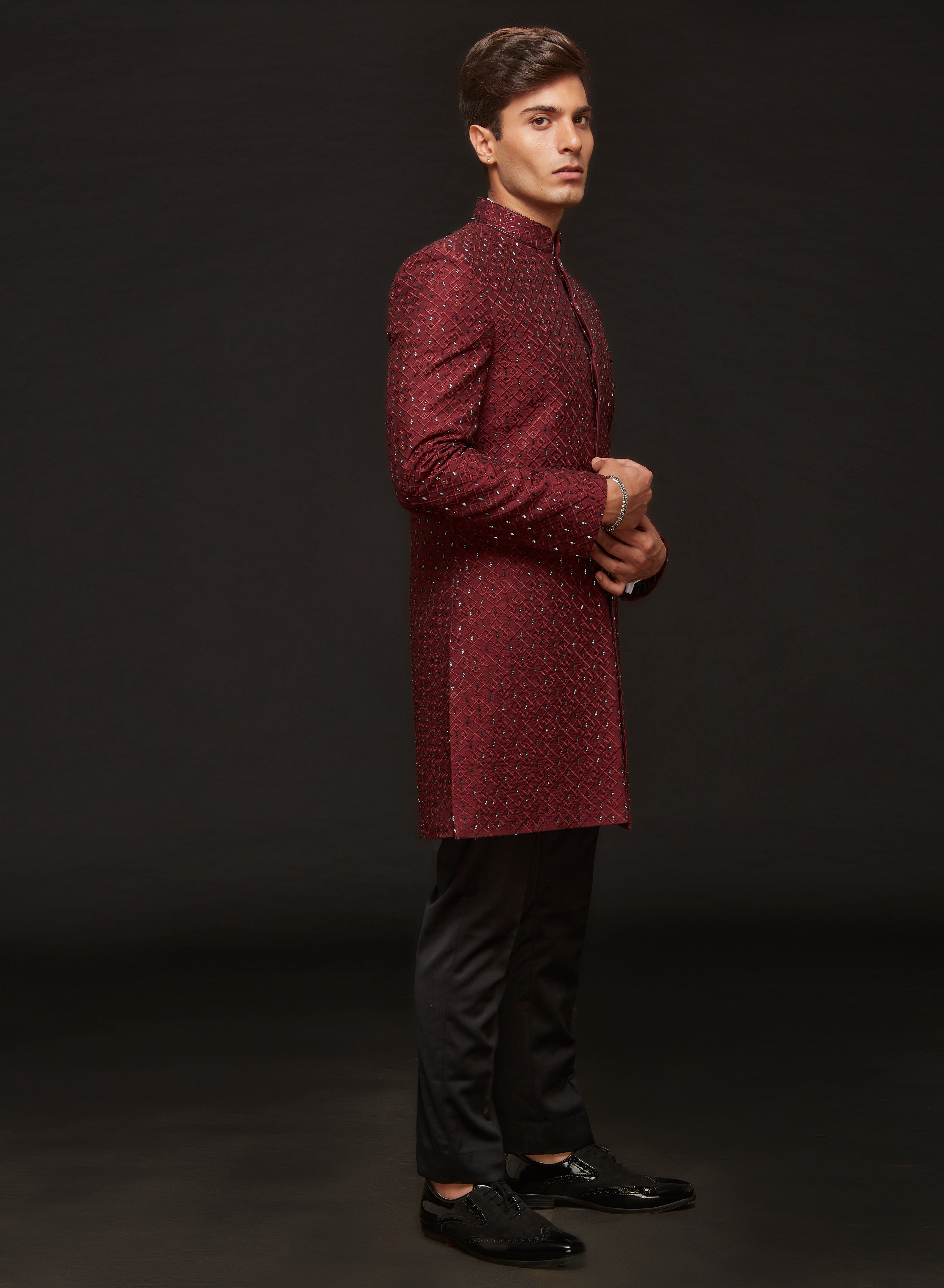 Wine Red Embroidered Concelled Indowestern Set
