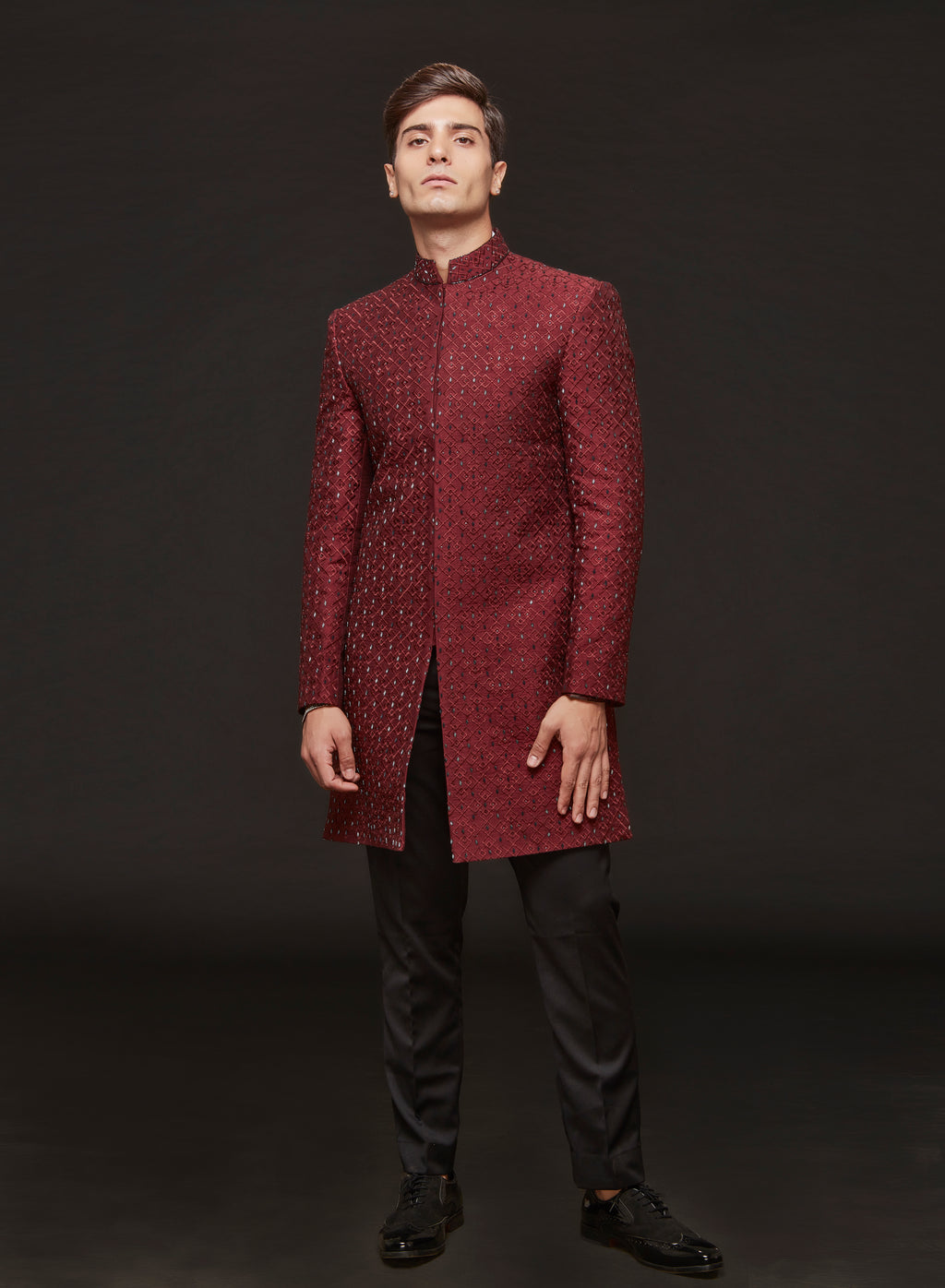 Wine Red Embroidered Concelled Indowestern Set