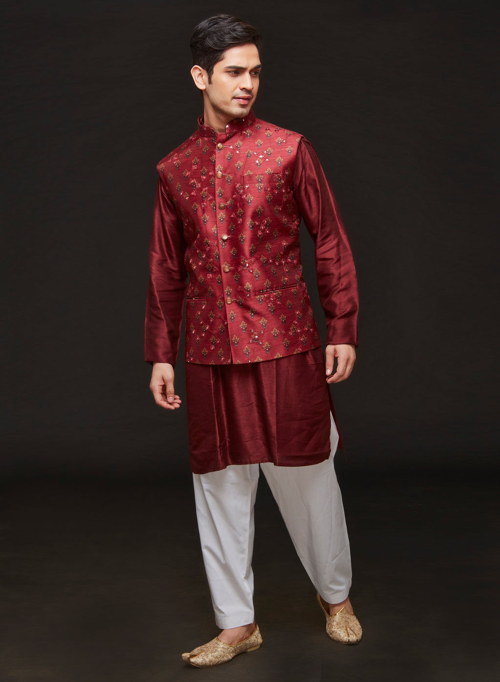 Wine Motif Work Bandi And Kurta Set