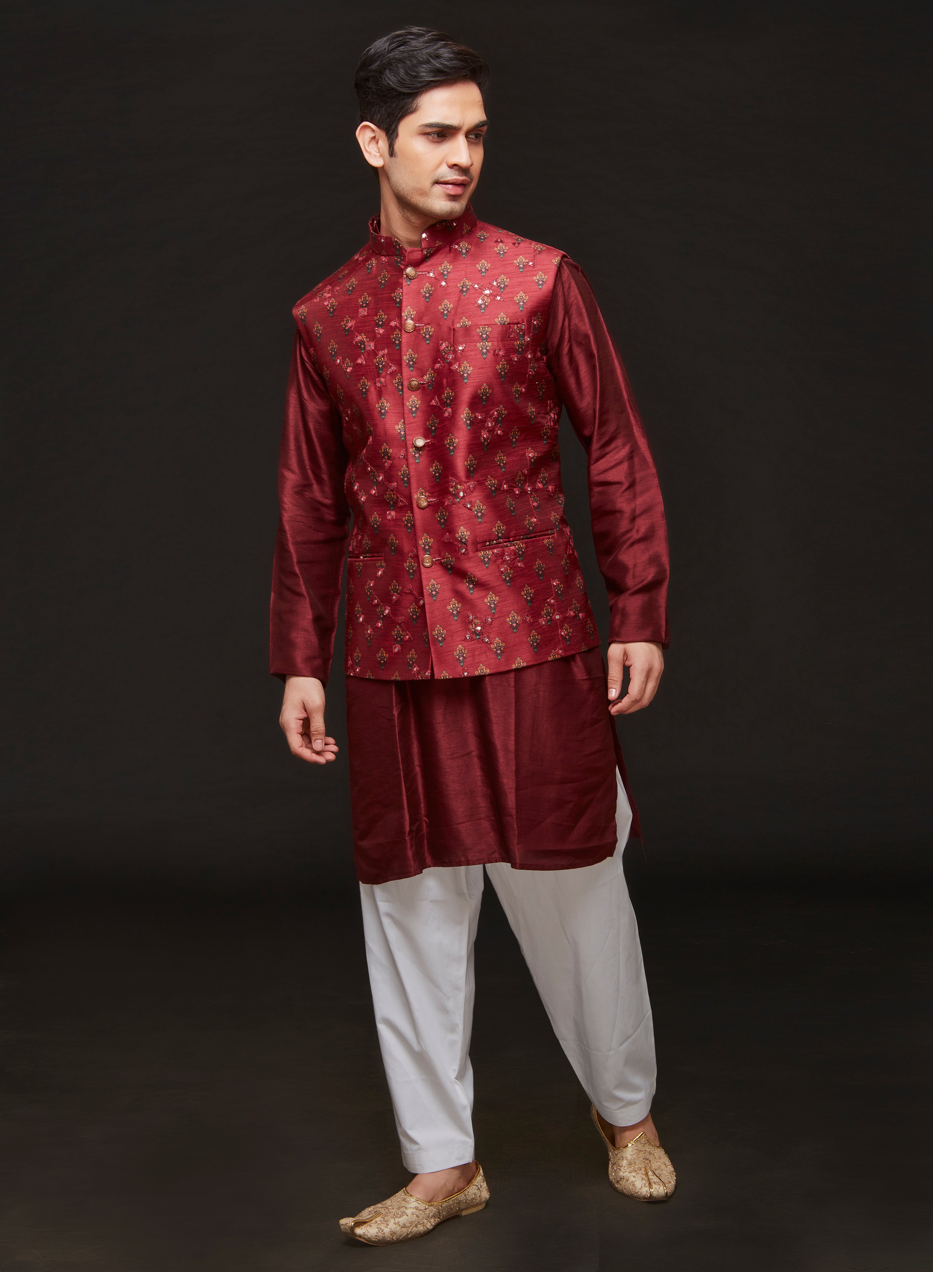 Wine Motif Work Bandi And Kurta Set