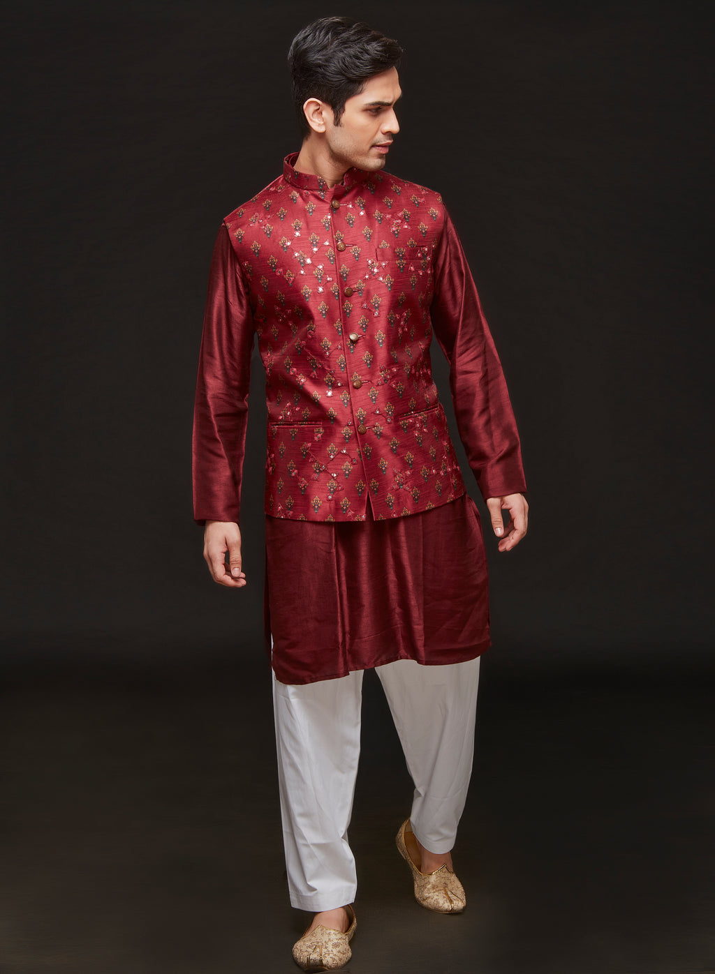 Wine Motif Work Bandi And Kurta Set