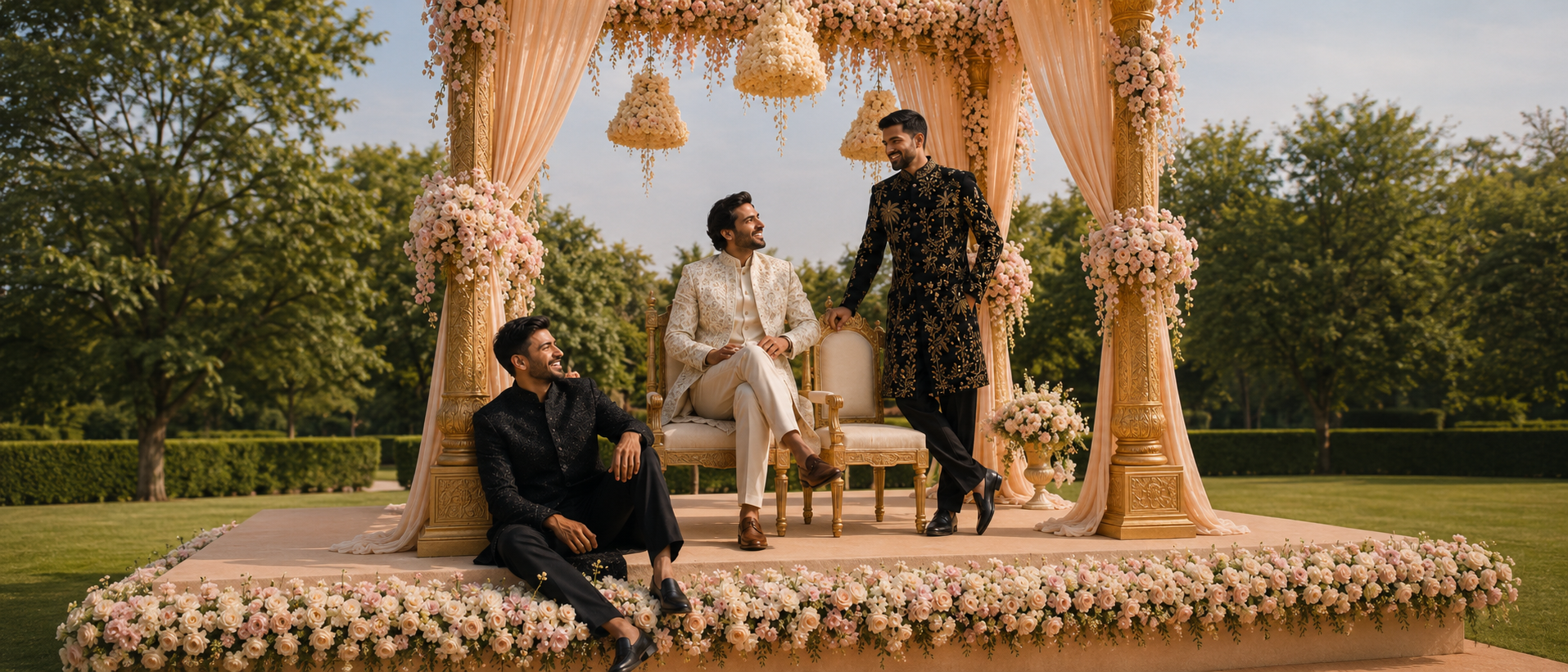 Three men in formal attire sitting on a decorated platform with floral arrangements and lights | Aditya Bhardwaj