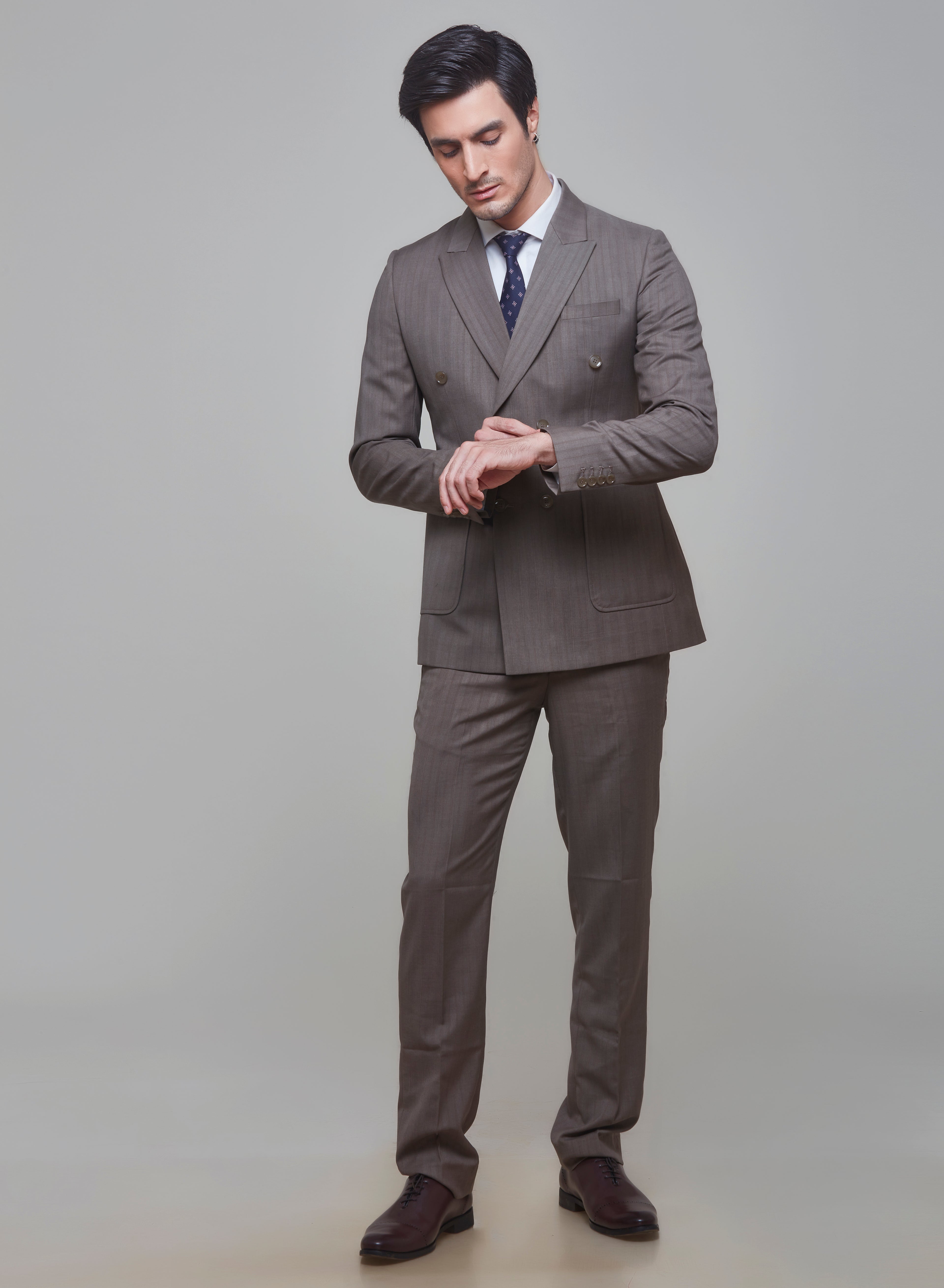 Khaki Beige Pinstripe DB Suit
