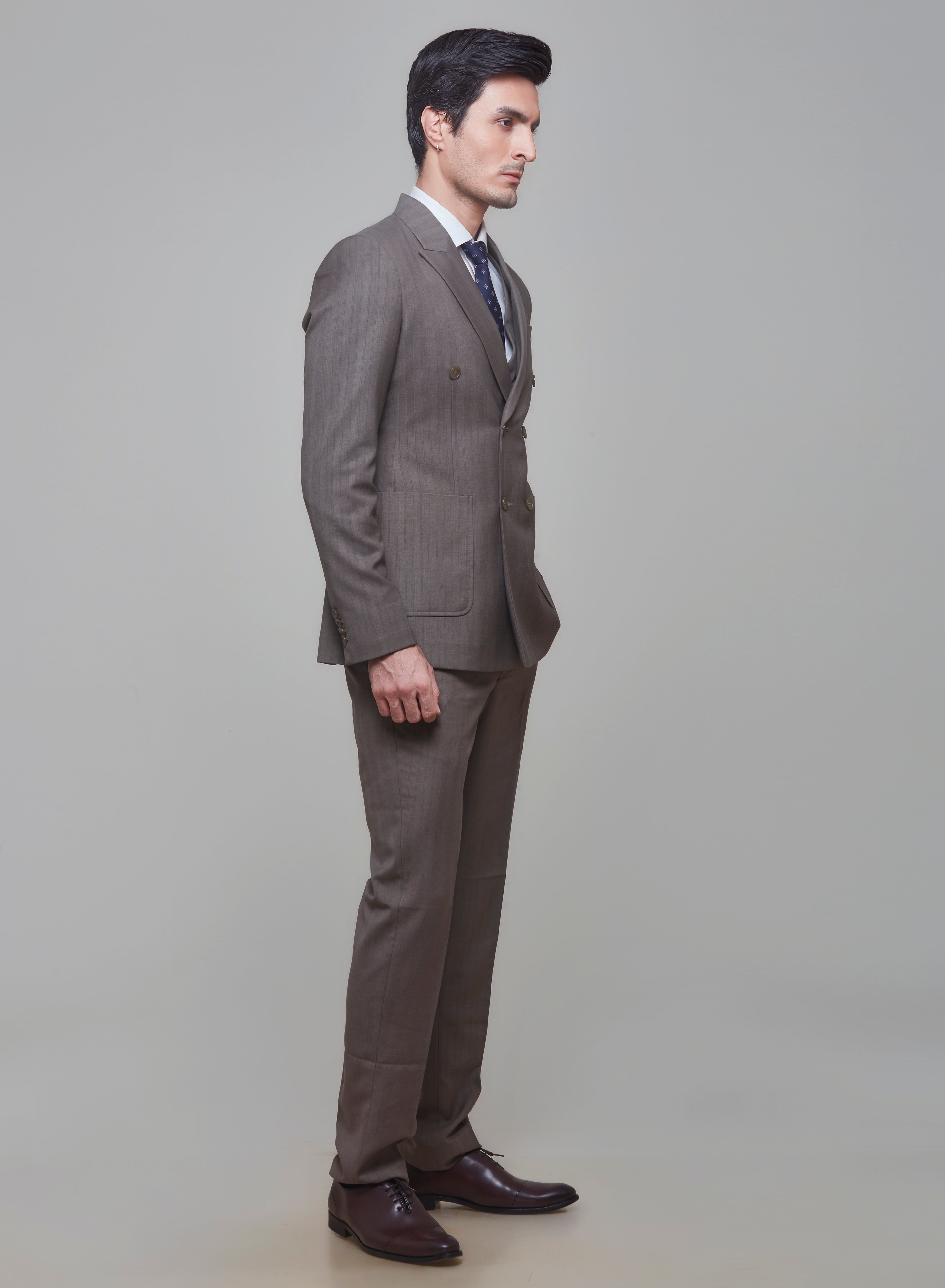 Khaki Beige Pinstripe DB Suit