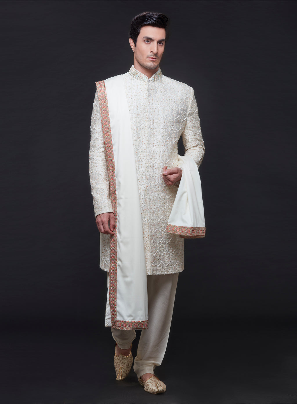 Ivory Embroidered Sherwani Set