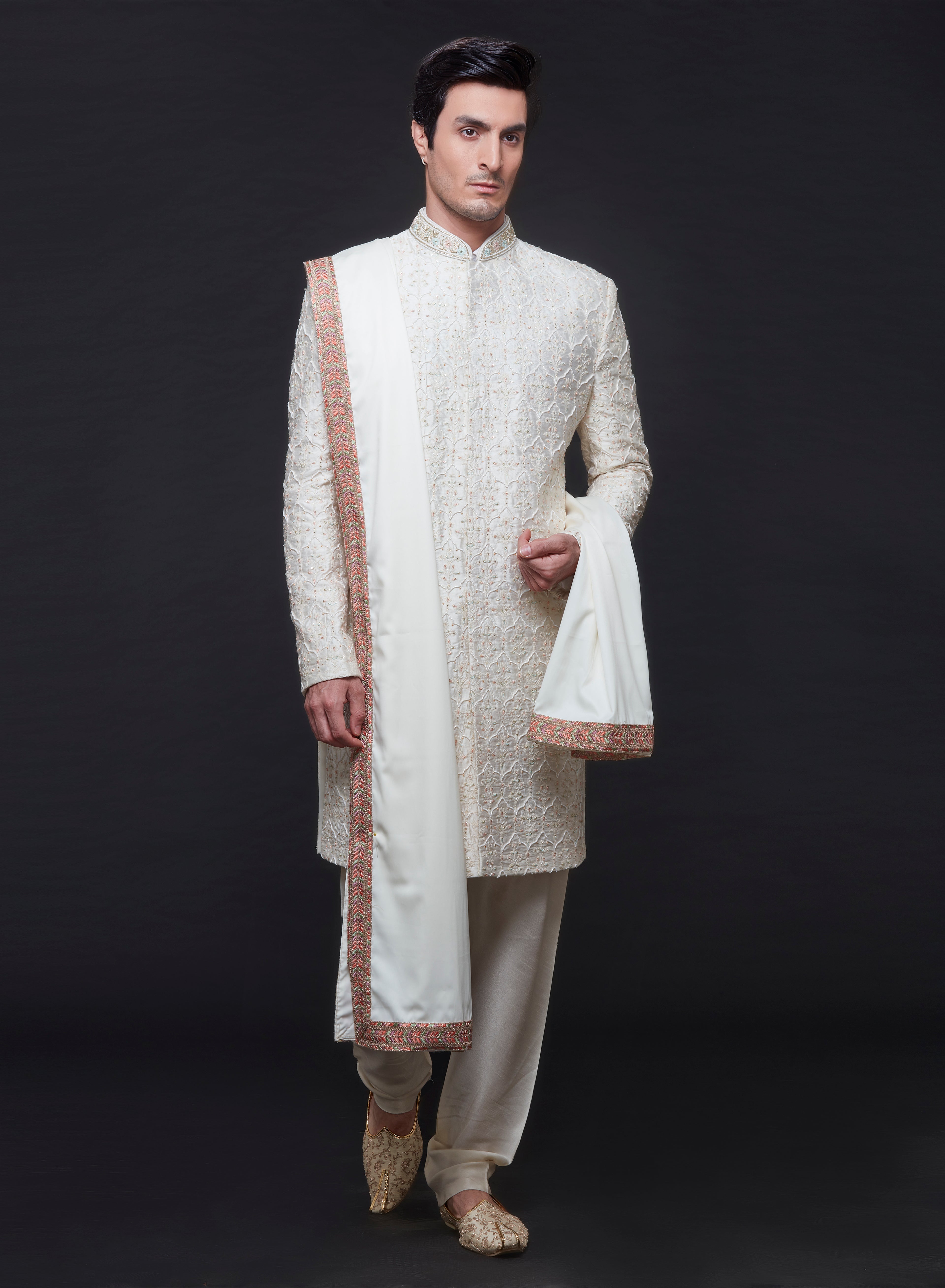 Ivory Embroidered Sherwani Set