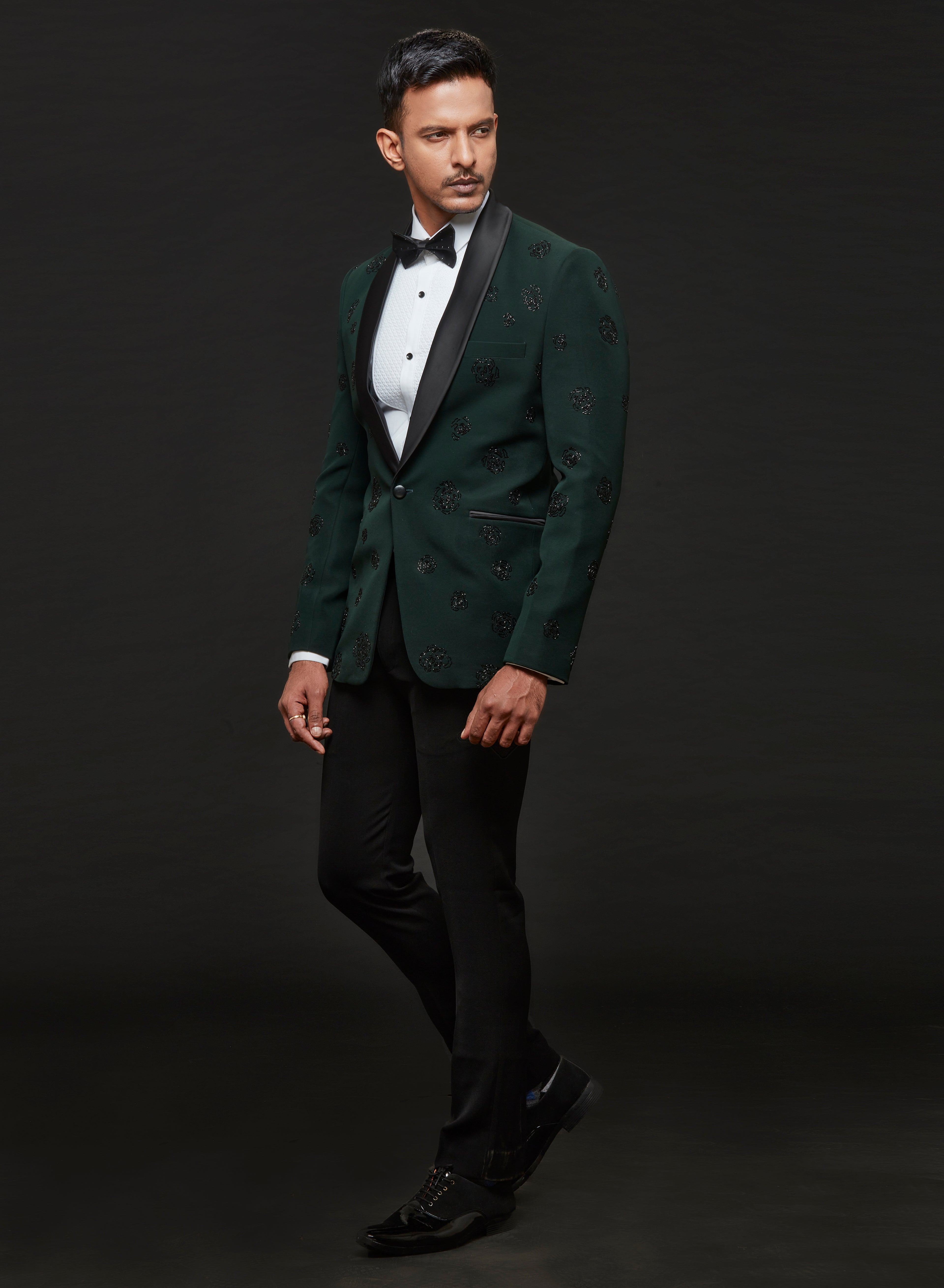 Green Floral Cutdana Tuxedo Set