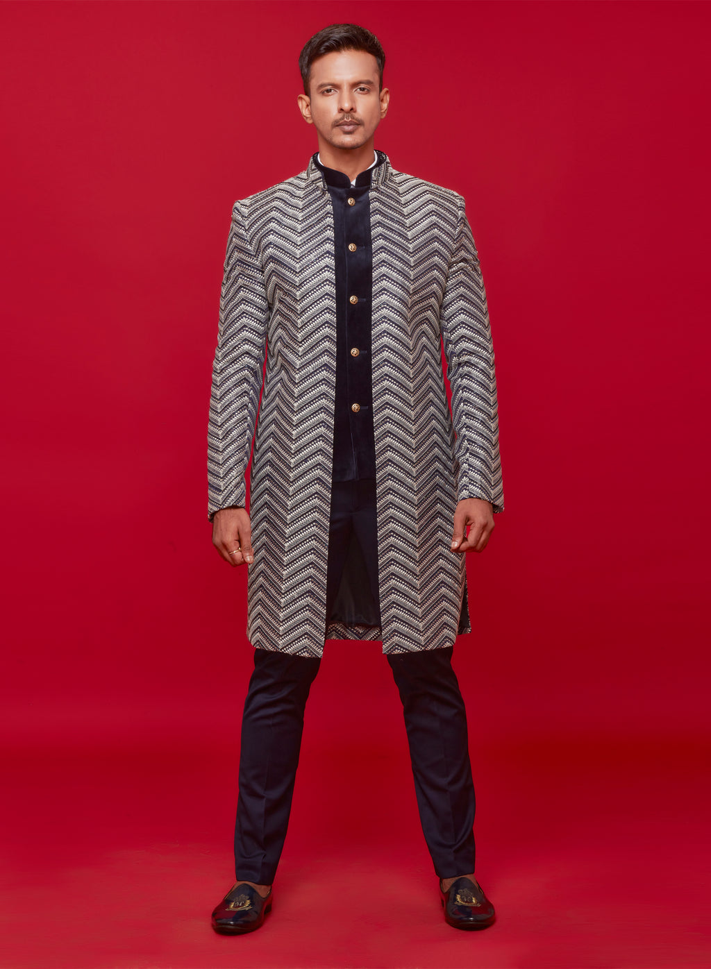 Navy Blue Herrigbone Indowestern Set