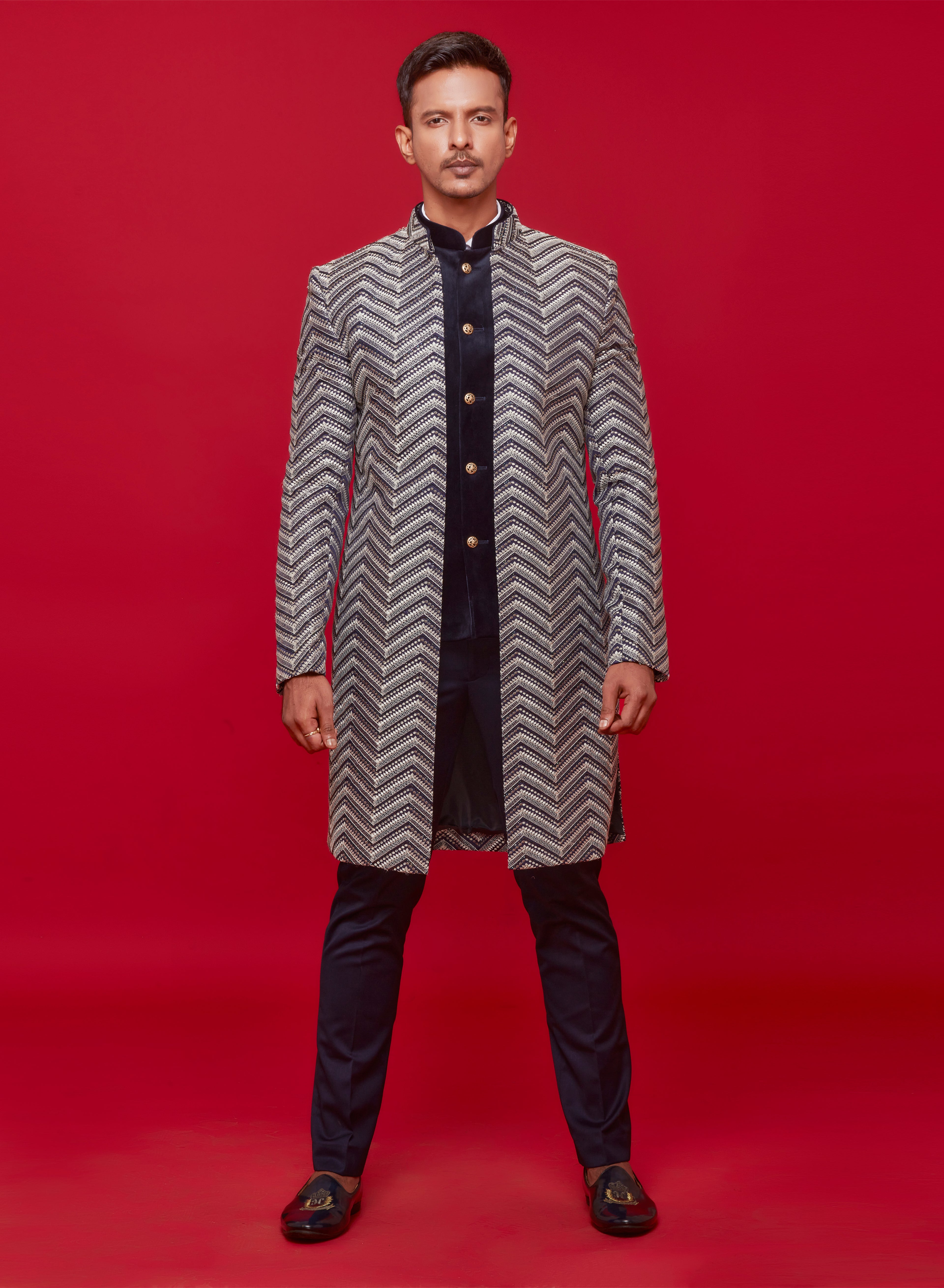 Navy Blue Herrigbone Indowestern Set