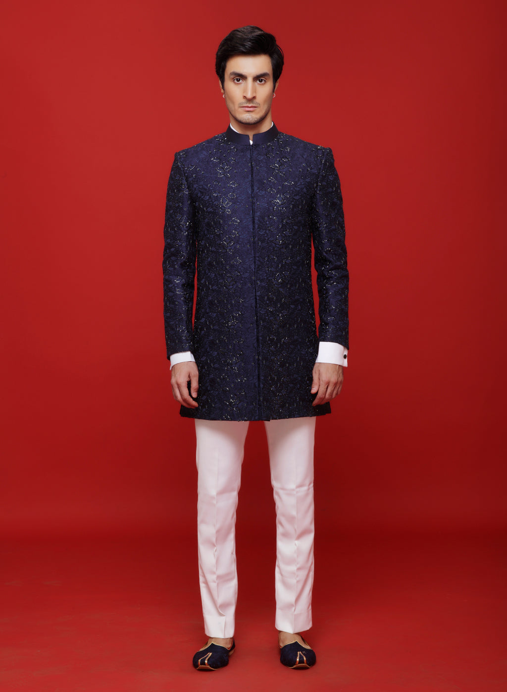 Blue Silk Flower Motif Embroidered Indowetern Set