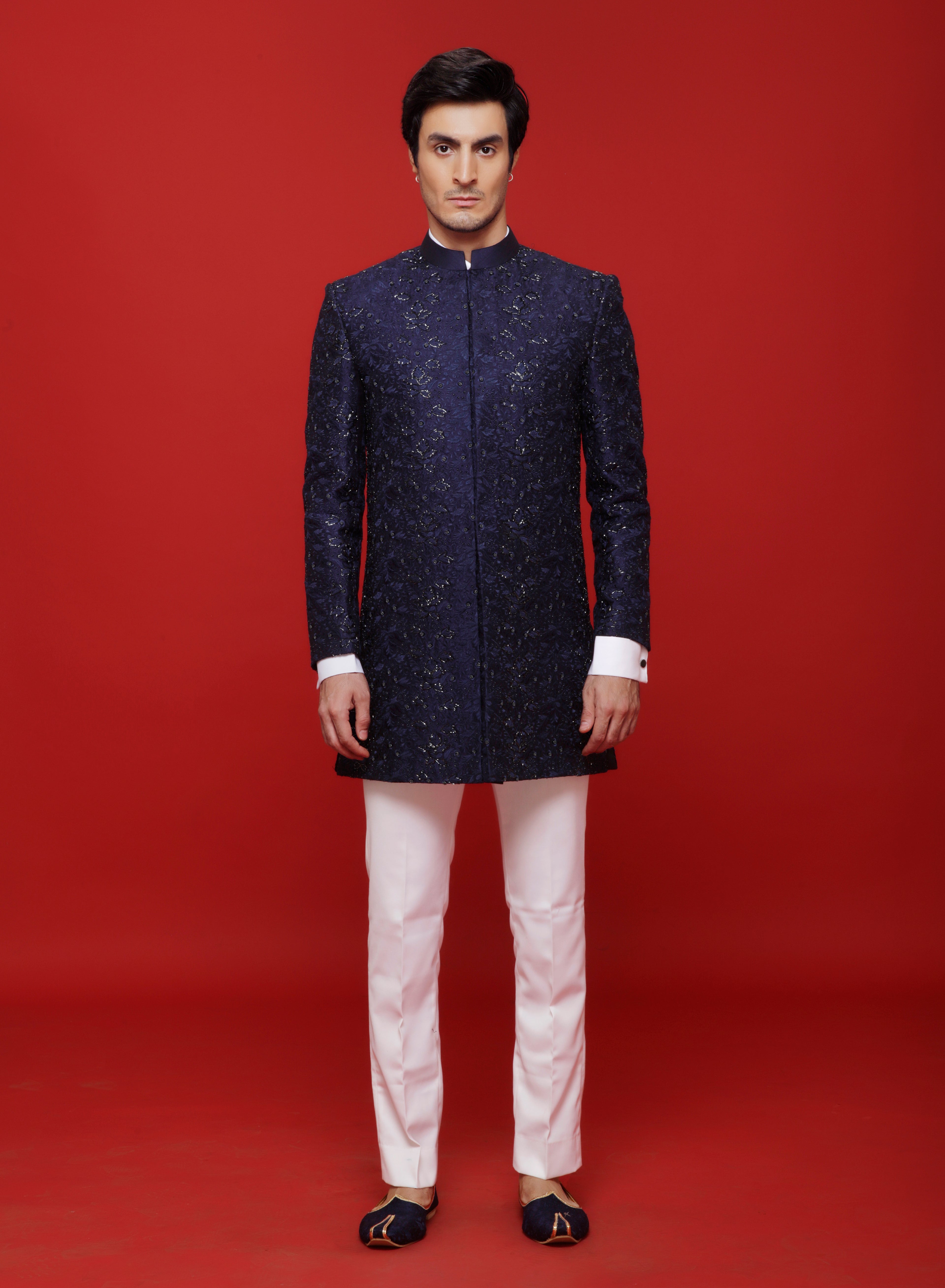 Blue Silk Flower Motif Embroidered Indowetern Set