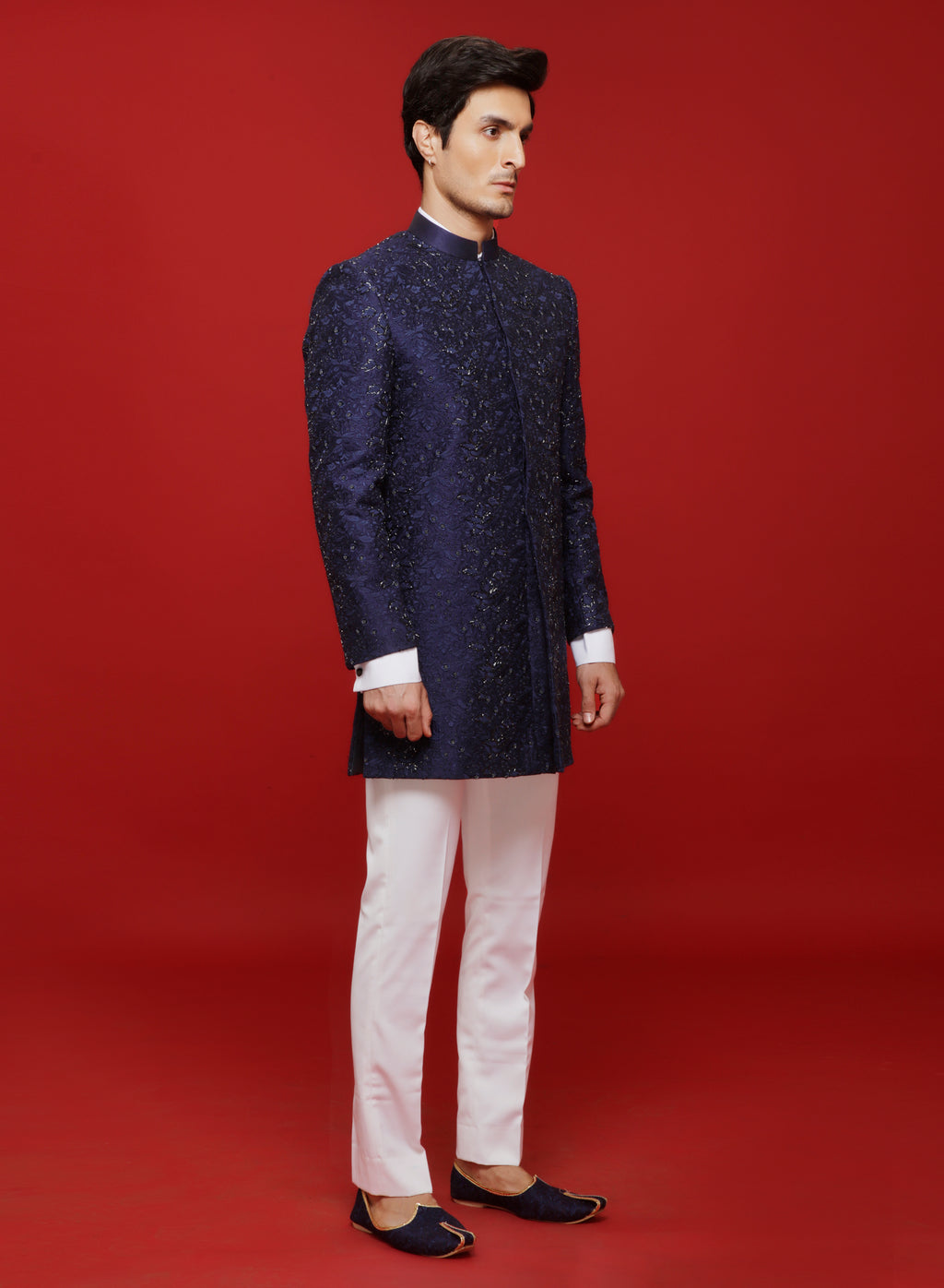 Blue Silk Flower Motif Embroidered Indowetern Set