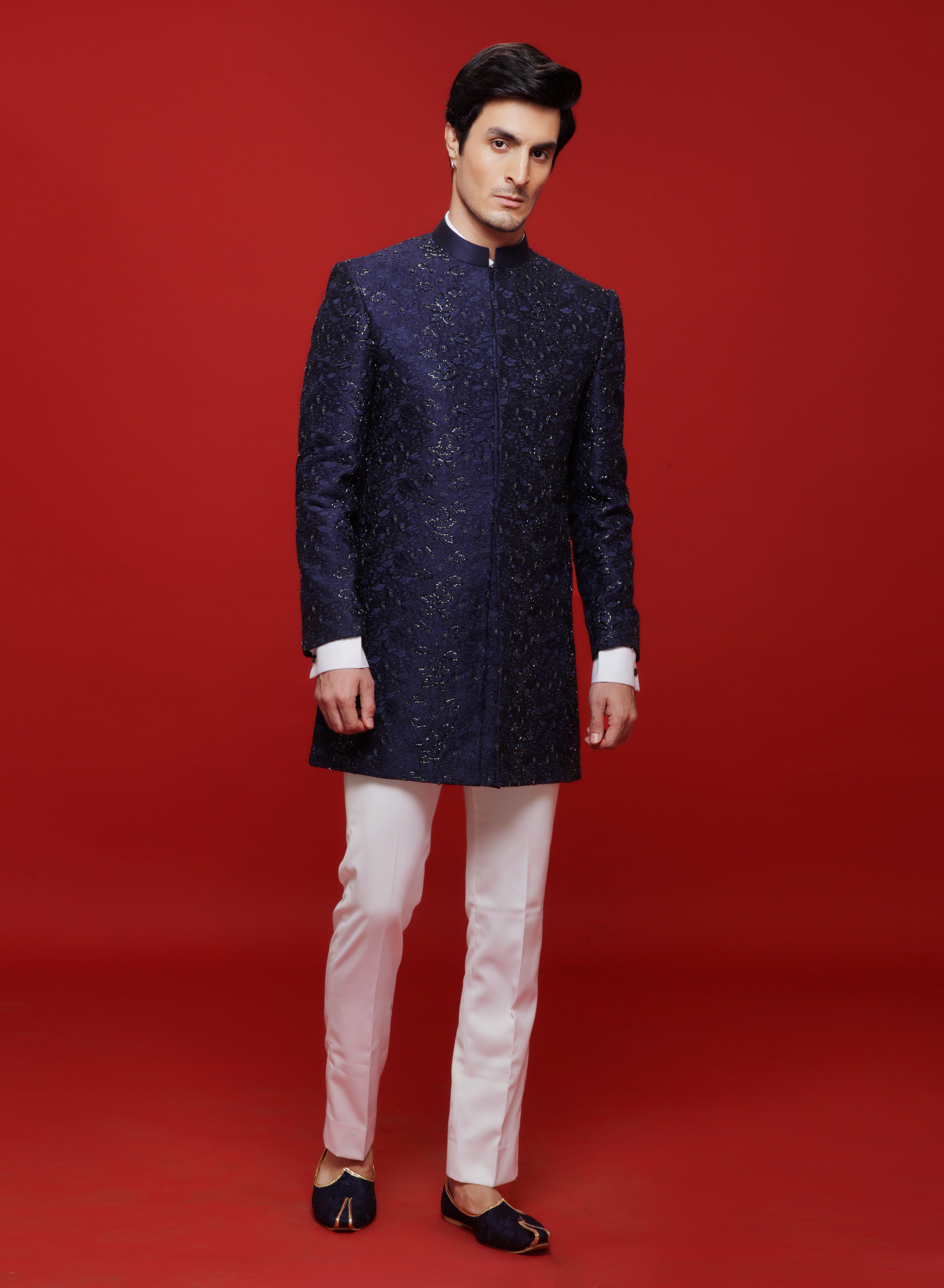 Blue Silk Flower Motif Embroidered Indowetern Set